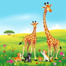 A heartwarming scene featuring a mother giraffe standing tall with her two adorable baby giraffes beside her, all set in a bright and colorful savannah landscape
