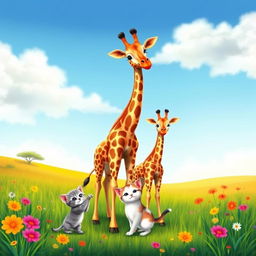 A heartwarming scene featuring a mother giraffe standing tall with her two adorable baby giraffes beside her, all set in a bright and colorful savannah landscape