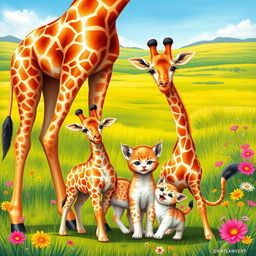 A heartwarming scene featuring a mother giraffe standing tall with her two adorable baby giraffes beside her, all set in a bright and colorful savannah landscape