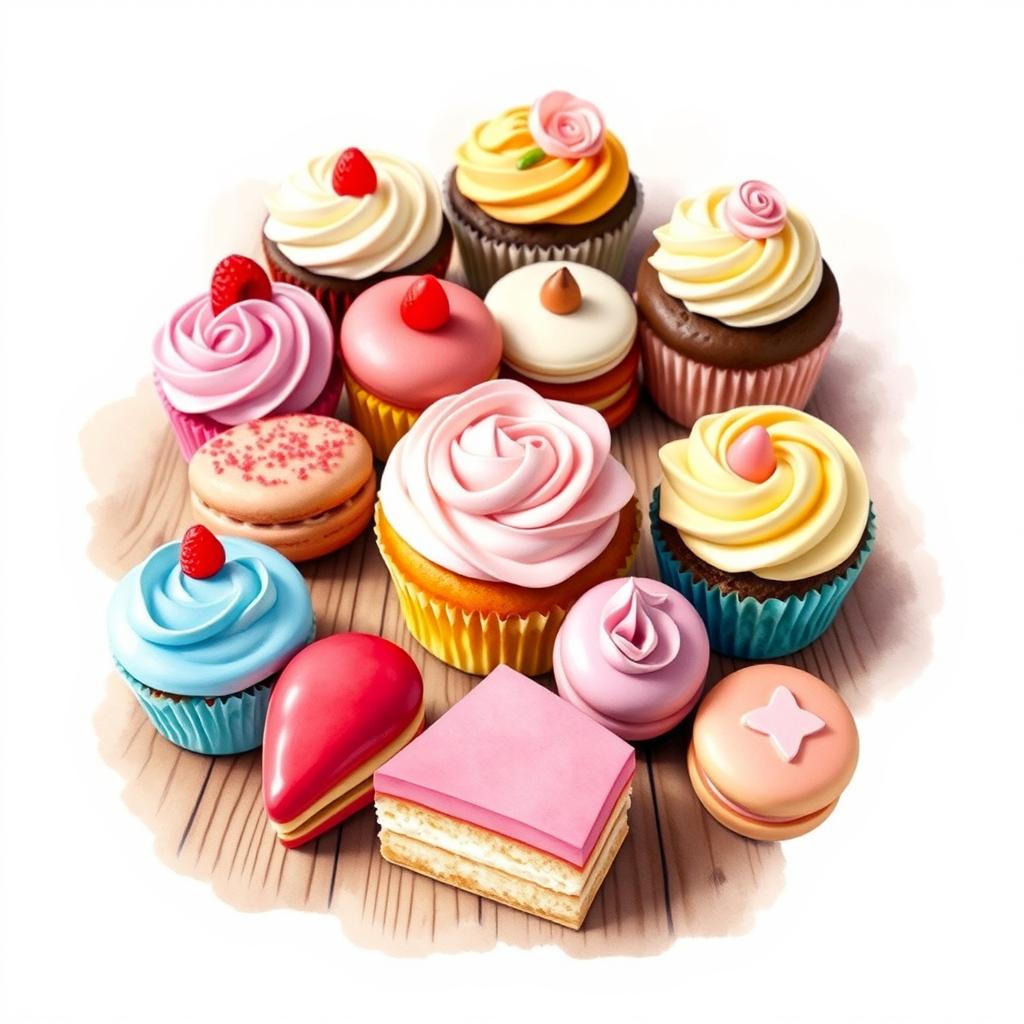 A beautifully arranged display of various desserts, including cupcakes, pastries, and macarons, artistically depicted in a watercolor style