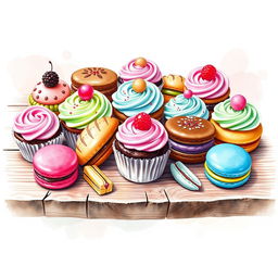 A beautifully arranged display of various desserts, including cupcakes, pastries, and macarons, artistically depicted in a watercolor style
