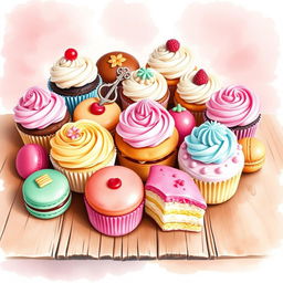A beautifully arranged display of various desserts, including cupcakes, pastries, and macarons, artistically depicted in a watercolor style