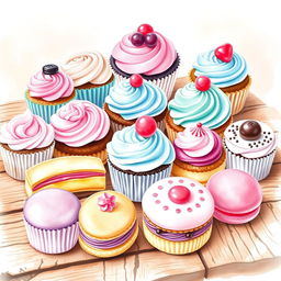 A beautifully arranged display of various desserts, including cupcakes, pastries, and macarons, artistically depicted in a watercolor style