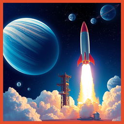 A stunning digital art poster of a rocket launch into space