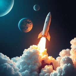 A stunning digital art poster of a rocket launch into space