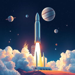 A stunning digital art poster of a rocket launch into space