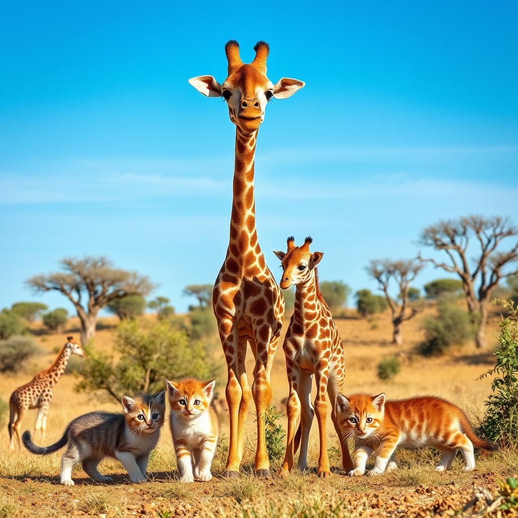 A heartwarming scene featuring a mother giraffe and her two adorable baby giraffes standing in a sunny savanna landscape
