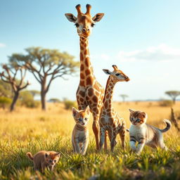 A heartwarming scene featuring a mother giraffe and her two adorable baby giraffes standing in a sunny savanna landscape