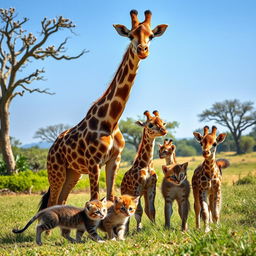 A heartwarming scene featuring a mother giraffe and her two adorable baby giraffes standing in a sunny savanna landscape