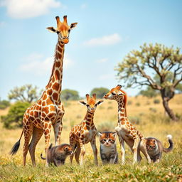 A heartwarming scene featuring a mother giraffe and her two adorable baby giraffes standing in a sunny savanna landscape
