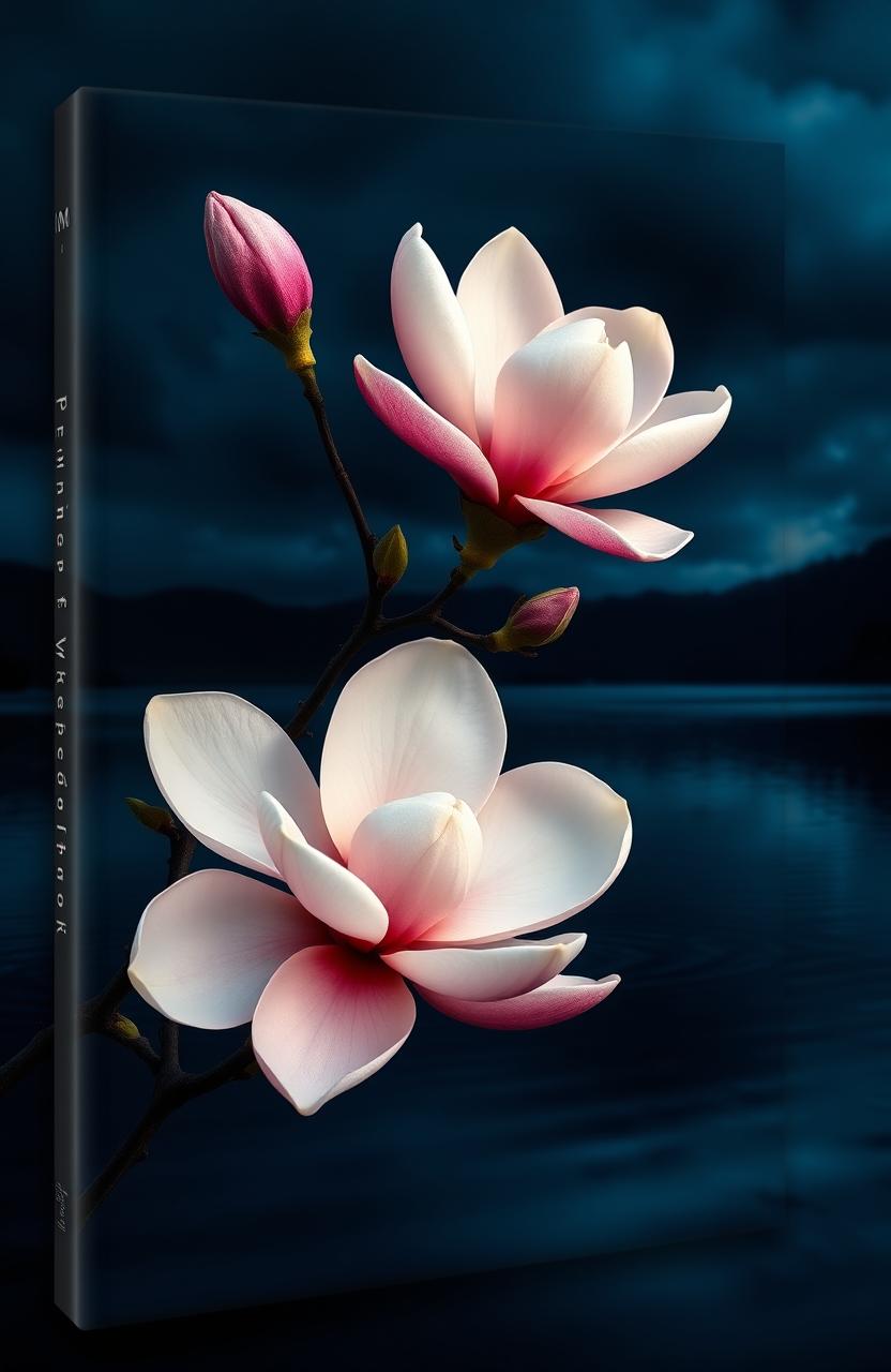A stunning book cover featuring vibrant magnolia blossom flowers in full bloom against a dark and moody background