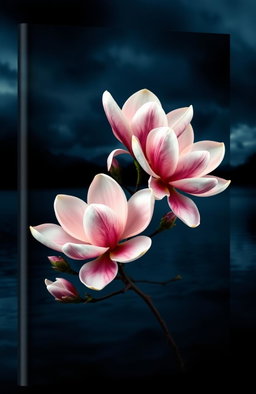 A stunning book cover featuring vibrant magnolia blossom flowers in full bloom against a dark and moody background
