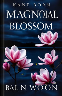 A stunning book cover featuring vibrant magnolia blossom flowers in full bloom against a dark and moody background
