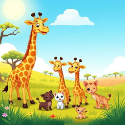 A colorful cartoon scene featuring a mother giraffe and her two adorable baby giraffes playing joyfully in a sunny savanna landscape