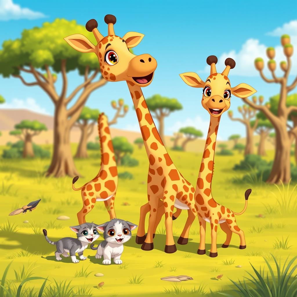 A colorful cartoon scene featuring a mother giraffe and her two adorable baby giraffes playing joyfully in a sunny savanna landscape