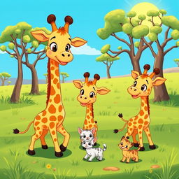 A colorful cartoon scene featuring a mother giraffe and her two adorable baby giraffes playing joyfully in a sunny savanna landscape