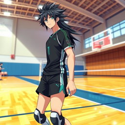 A human version of Rintarou Suna from Haikyuu, featuring a tall young man with striking features, long black hair styled into a unique, edgy look
