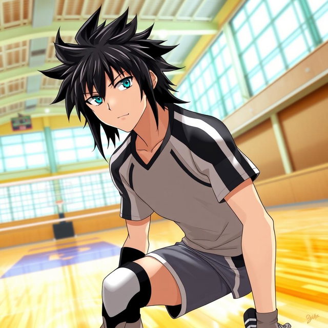 A human version of Rintarou Suna from Haikyuu, featuring a tall young man with striking features, long black hair styled into a unique, edgy look