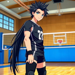 A human version of Rintarou Suna from Haikyuu, featuring a tall young man with striking features, long black hair styled into a unique, edgy look