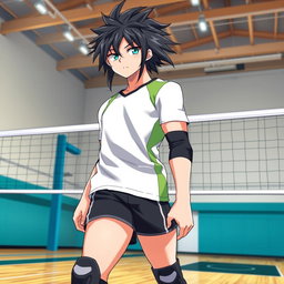 A human version of Rintarou Suna from Haikyuu, featuring a tall young man with striking features, long black hair styled into a unique, edgy look