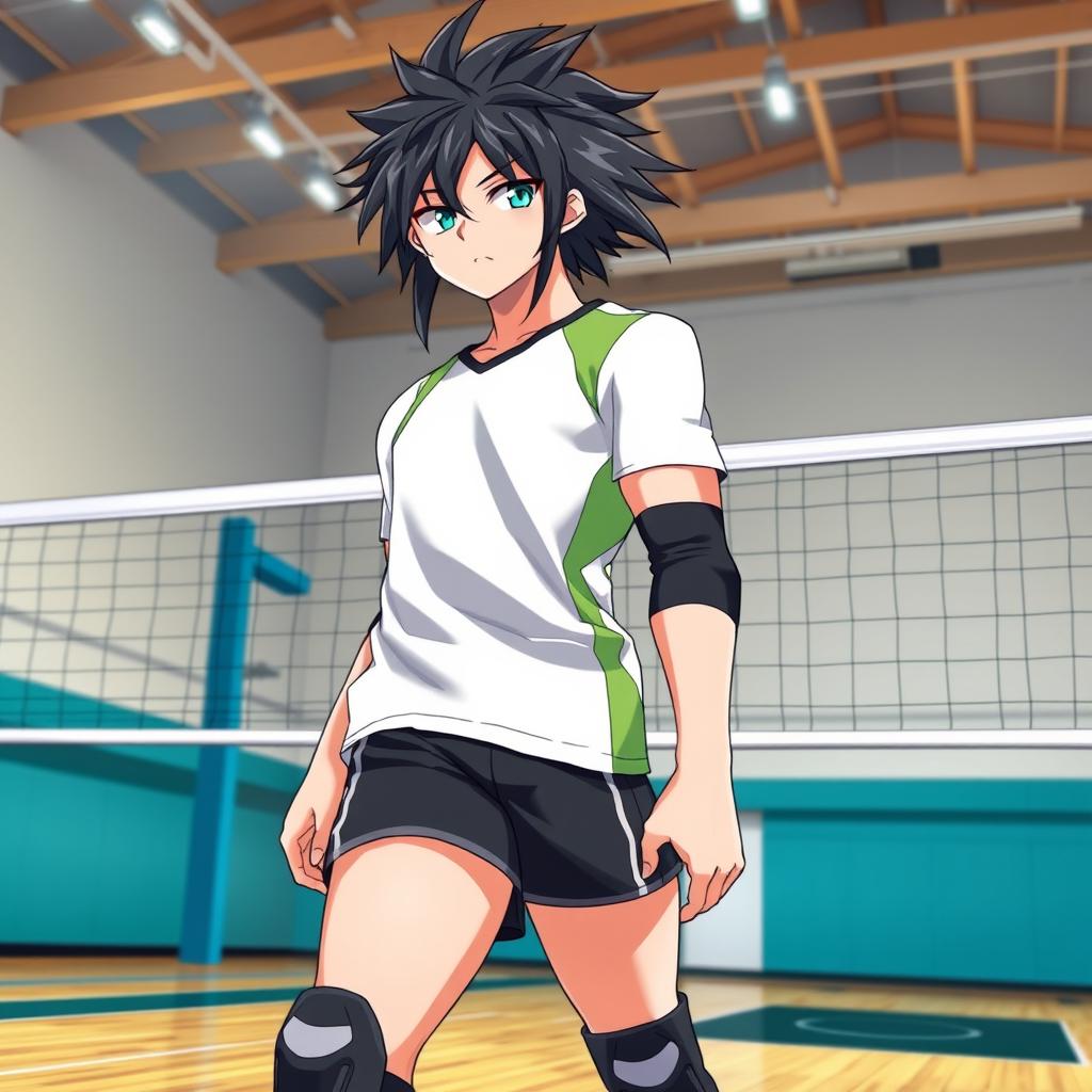 A human version of Rintarou Suna from Haikyuu, featuring a tall young man with striking features, long black hair styled into a unique, edgy look