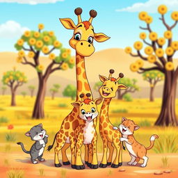 A colorful and playful cartoon scene featuring a mother giraffe lovingly standing beside her two adorable baby giraffes