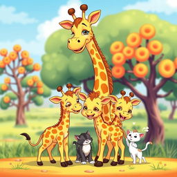 A colorful and playful cartoon scene featuring a mother giraffe lovingly standing beside her two adorable baby giraffes