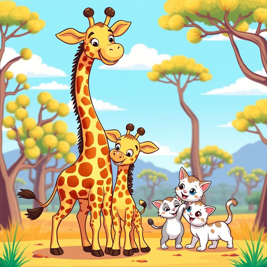 A colorful and playful cartoon scene featuring a mother giraffe lovingly standing beside her two adorable baby giraffes