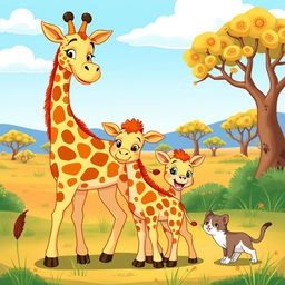 A colorful and playful cartoon scene featuring a mother giraffe lovingly standing beside her two adorable baby giraffes