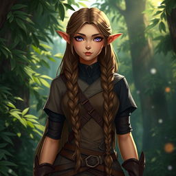 A female elf character standing confidently in a lush forest, with an expression of calm determination rather than a smile