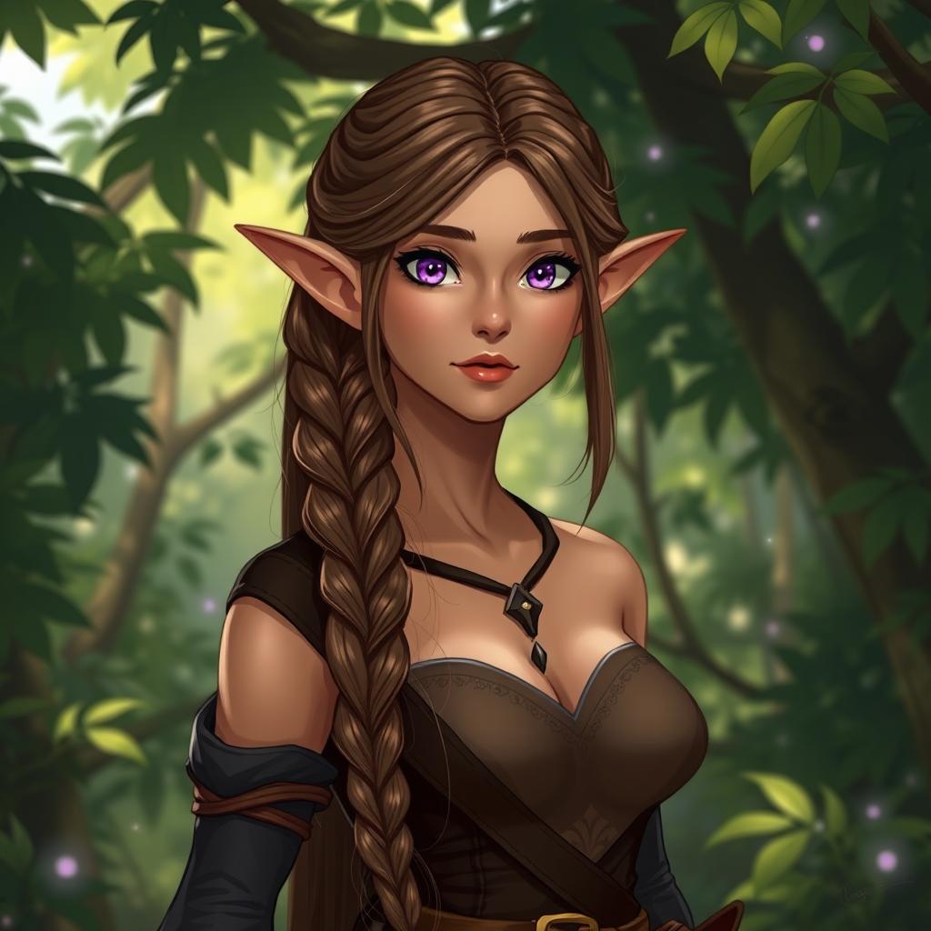 A female elf character standing confidently in a lush forest, with an expression of calm determination rather than a smile