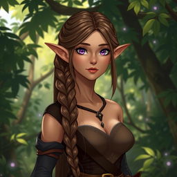 A female elf character standing confidently in a lush forest, with an expression of calm determination rather than a smile