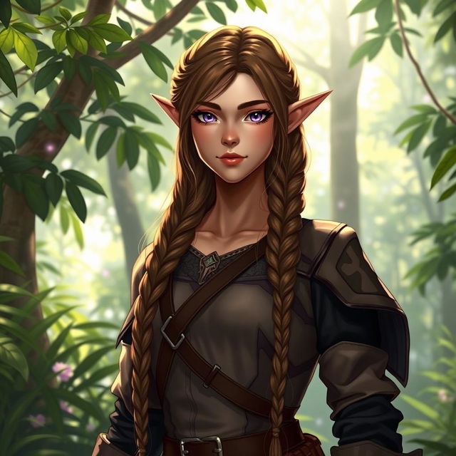 A female elf character standing confidently in a lush forest, with an expression of calm determination rather than a smile