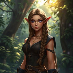A female elf character standing confidently in a lush forest, with an expression of calm determination rather than a smile