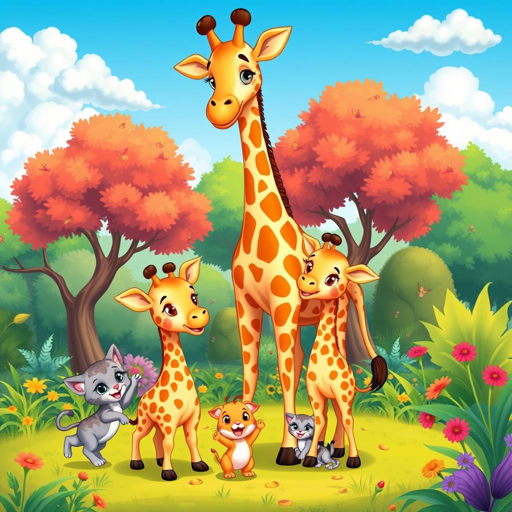 A vibrant cartoon scene featuring a mother giraffe and her two adorable baby giraffes, alongside two playful kittens