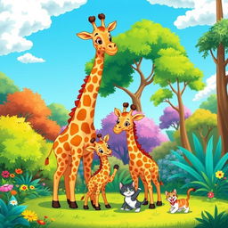 A vibrant cartoon scene featuring a mother giraffe and her two adorable baby giraffes, alongside two playful kittens
