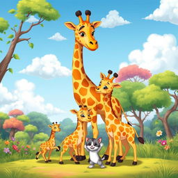 A vibrant cartoon scene featuring a mother giraffe and her two adorable baby giraffes, alongside two playful kittens