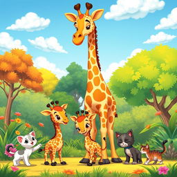 A vibrant cartoon scene featuring a mother giraffe and her two adorable baby giraffes, alongside two playful kittens