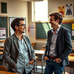 A classroom scene depicting a teacher and an adult student engaging in playful banter, with the teacher smiling and showing a light-hearted demeanor