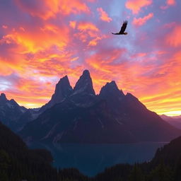 A majestic mountain landscape at sunset, featuring towering peaks silhouetted against a vibrant sky filled with shades of orange, pink, and purple