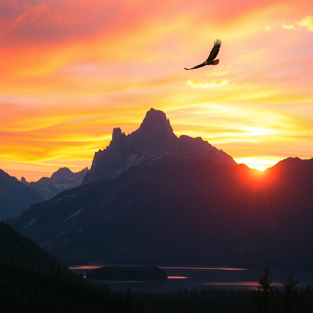 A majestic mountain landscape at sunset, featuring towering peaks silhouetted against a vibrant sky filled with shades of orange, pink, and purple