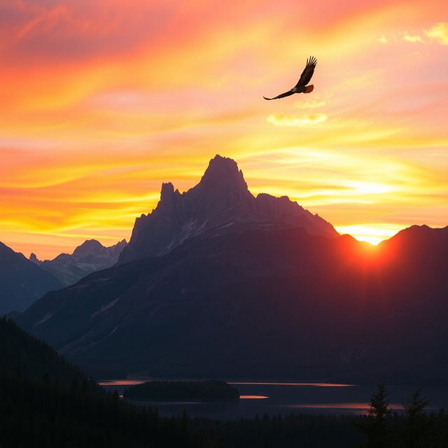 A majestic mountain landscape at sunset, featuring towering peaks silhouetted against a vibrant sky filled with shades of orange, pink, and purple