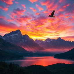 A majestic mountain landscape at sunset, featuring towering peaks silhouetted against a vibrant sky filled with shades of orange, pink, and purple