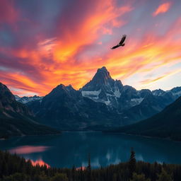 A majestic mountain landscape at sunset, featuring towering peaks silhouetted against a vibrant sky filled with shades of orange, pink, and purple