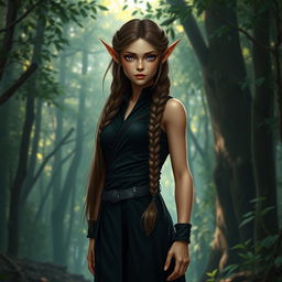 A female elf character standing solemnly in a dense, enchanting forest