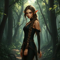 A female elf character standing solemnly in a dense, enchanting forest