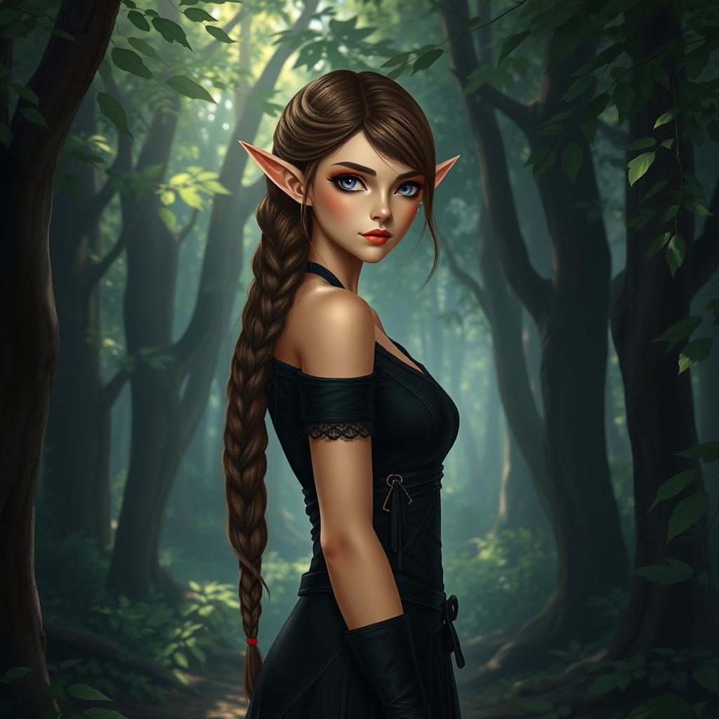 A female elf character standing solemnly in a dense, enchanting forest