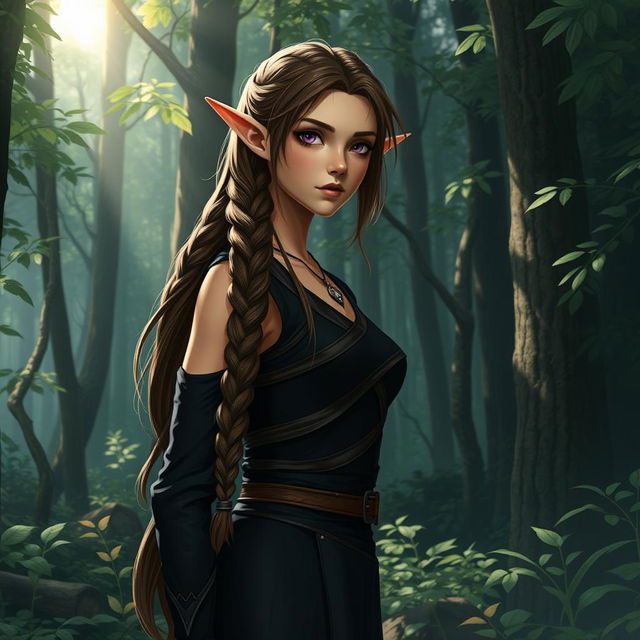 A female elf character standing solemnly in a dense, enchanting forest