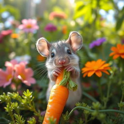 A small, cute mouse happily nibbling on a fresh, bright orange carrot in a lush, green garden