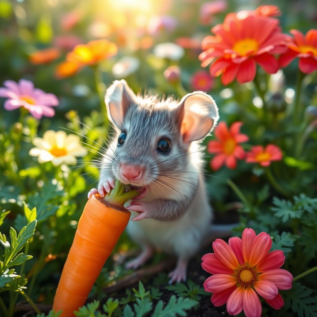 A small, cute mouse happily nibbling on a fresh, bright orange carrot in a lush, green garden